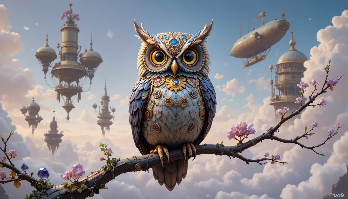 Clockwork owl with glowing sapphire eyes in pastel sky