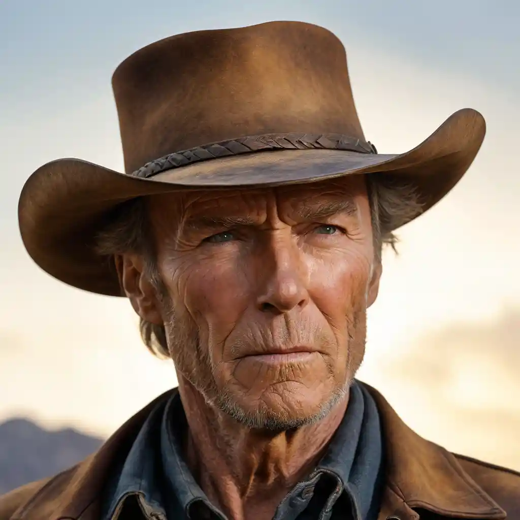Weathered cowboy portrait in warm golden sunlight