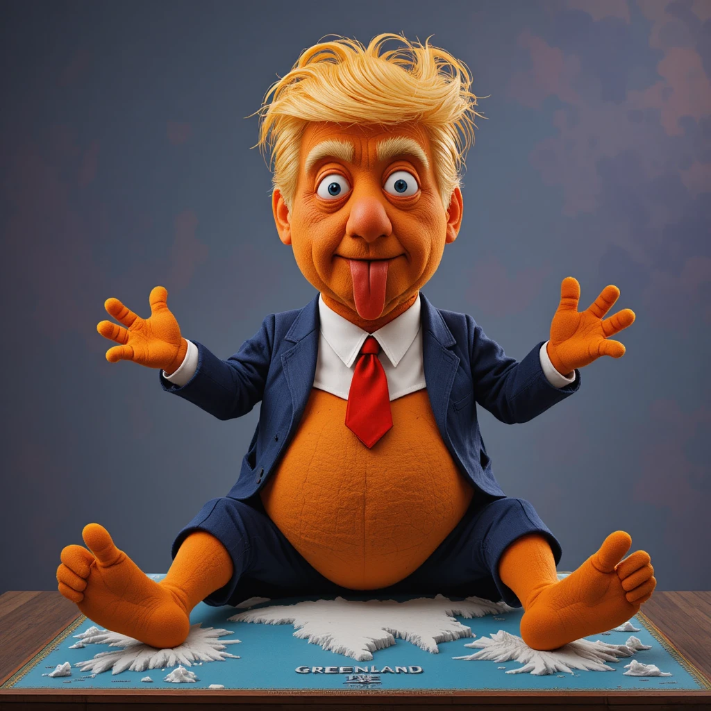 Grotesque puppet caricature of a smug man on Greenland