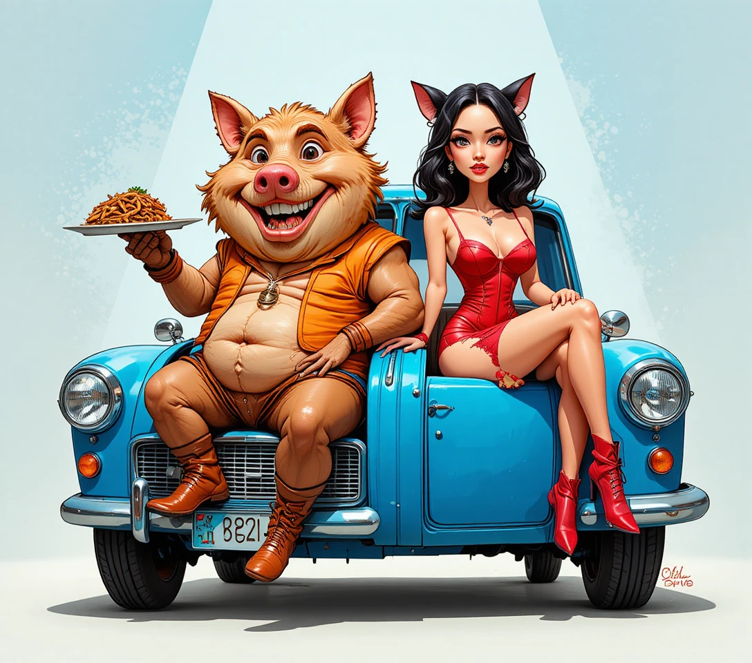 Porco antropomórfico e garota gata com carro vintage azul