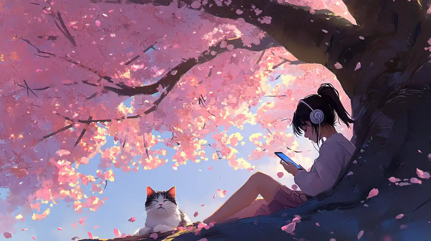 Chat endormi sous un cerisier en fleurs