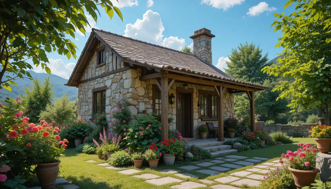 Rustic stone cabin with flowers in peaceful green garden