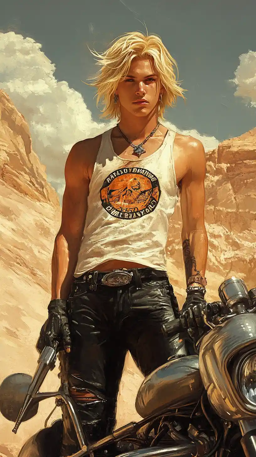 Giovane con moto in una scena desertica in stile pittorico