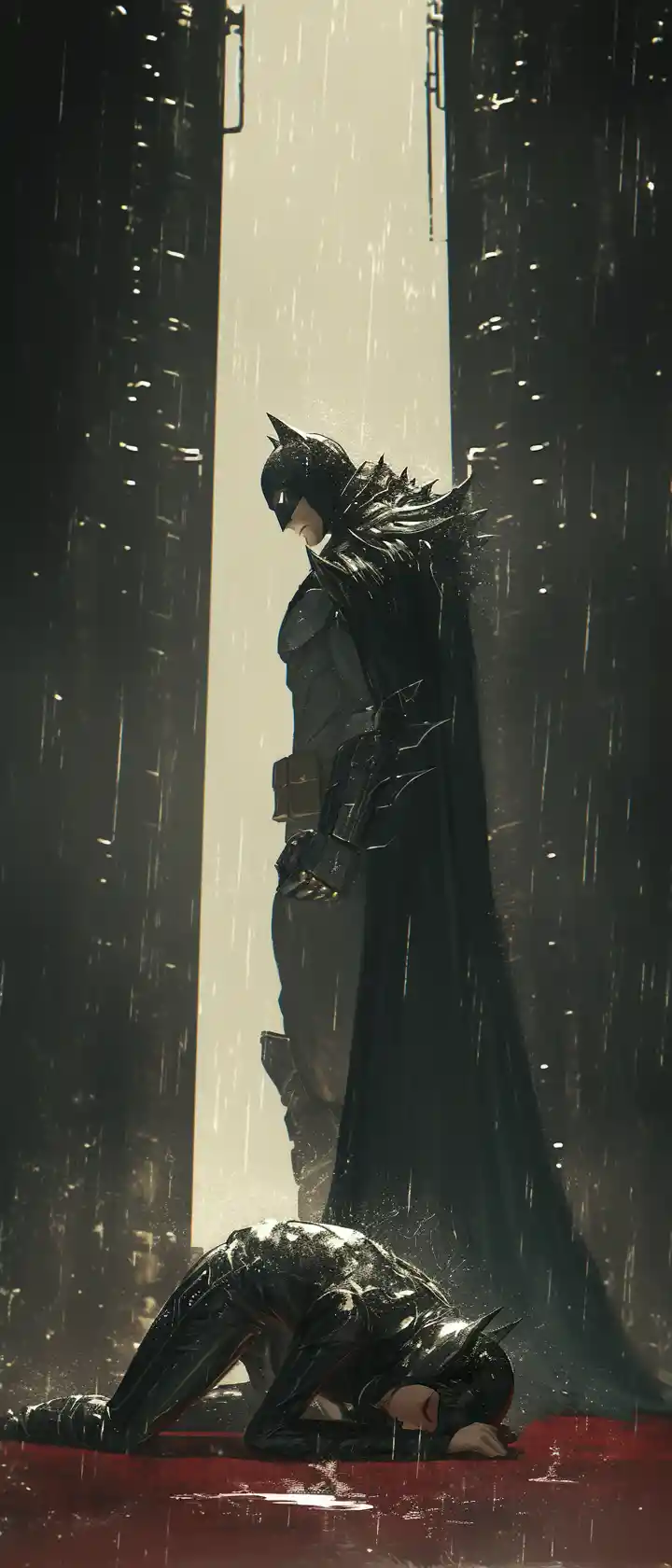 Batman dominates a rain soaked factory as Catwoman kneels