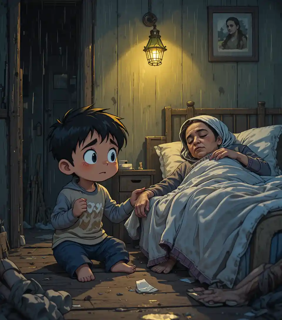 Bambino piccolo che tiene la mano della madre malata in una stanza in penombra
