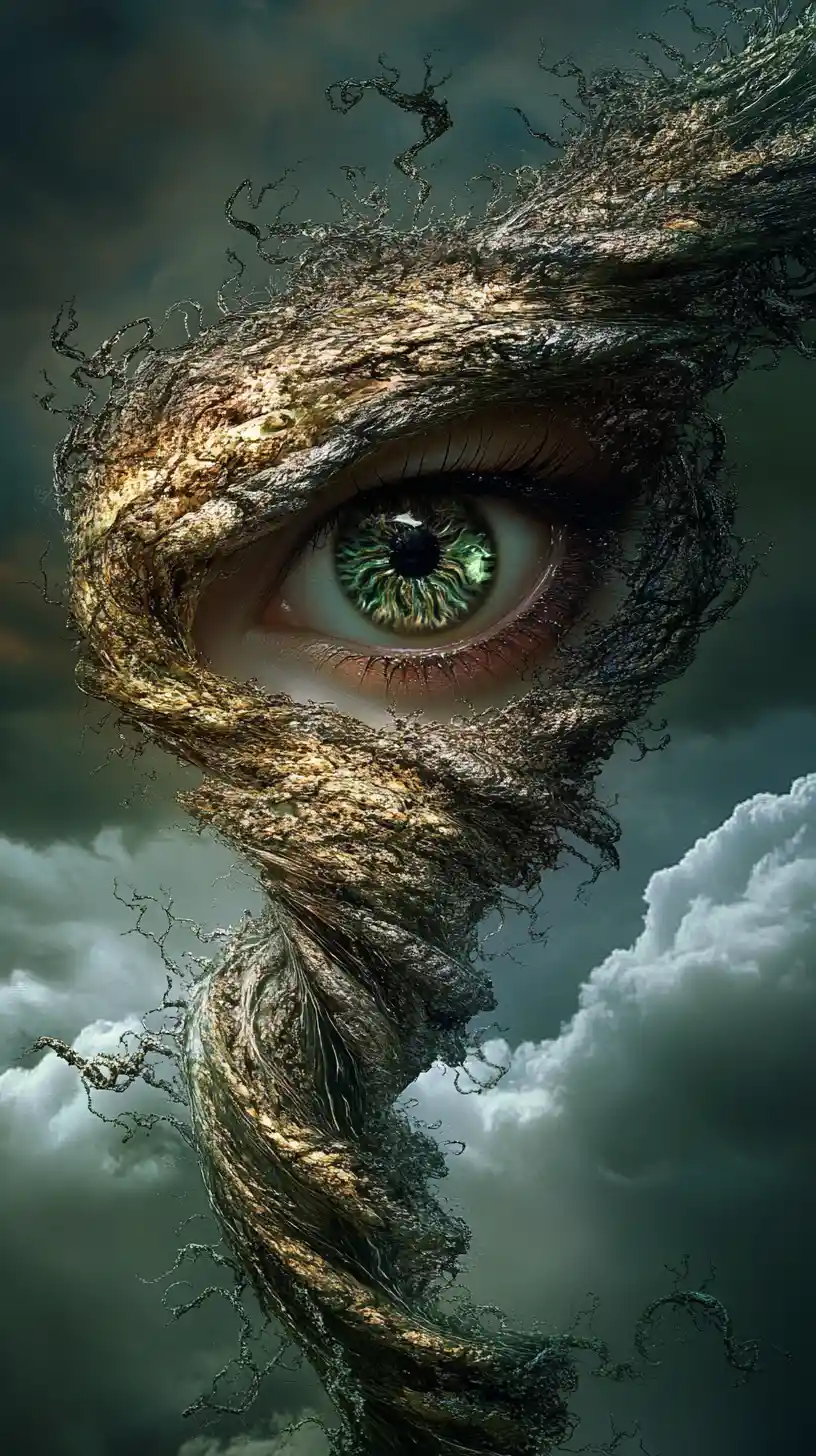 Tornado surreal con ojos penetrantes en un reino retorcido