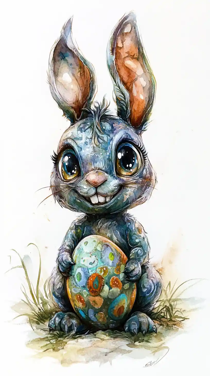 Coelho em aquarela onírica com ovo de Páscoa sobre fundo branco