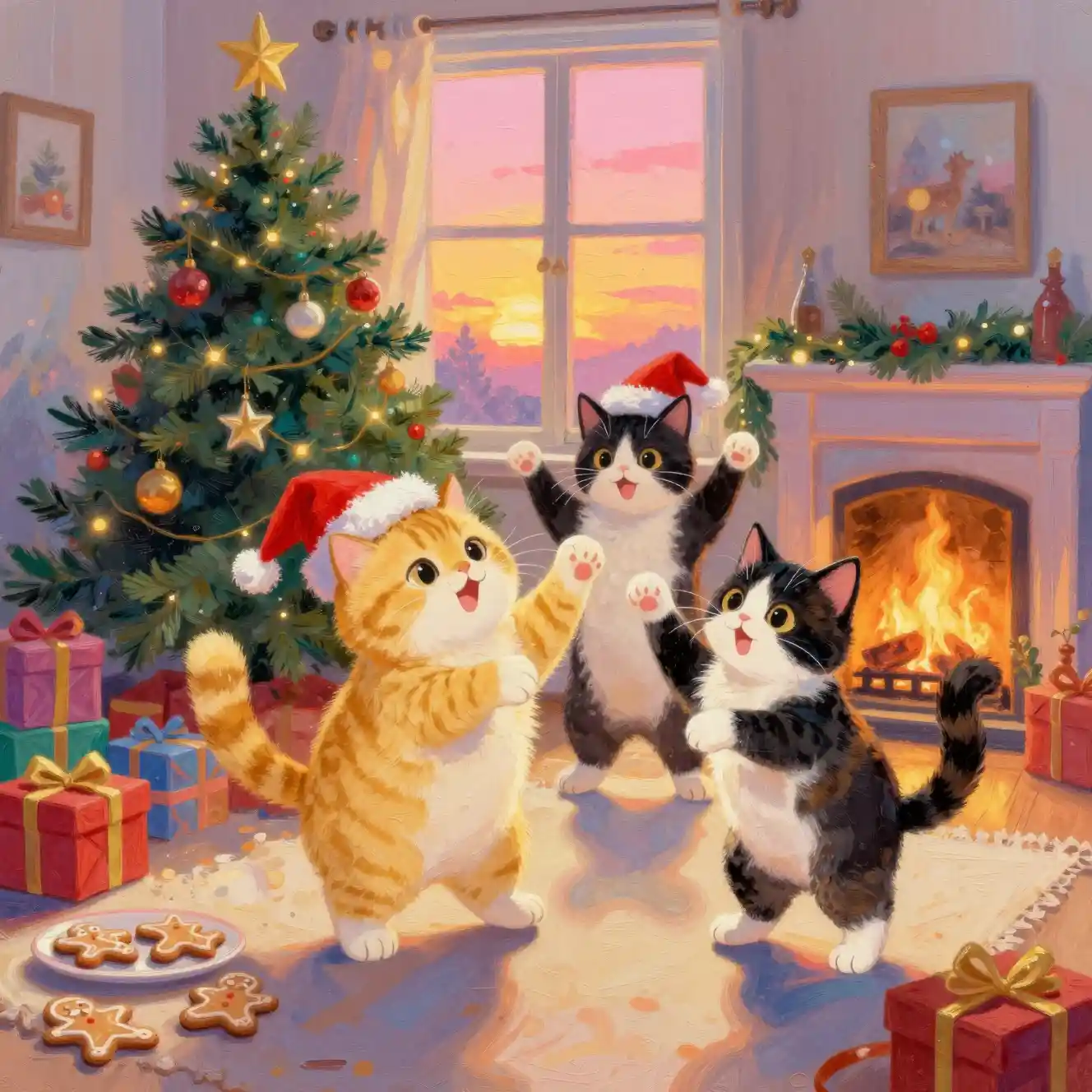Drei tanzende Weihnachtskatzen in einem gemütlichen Wohnzimmer