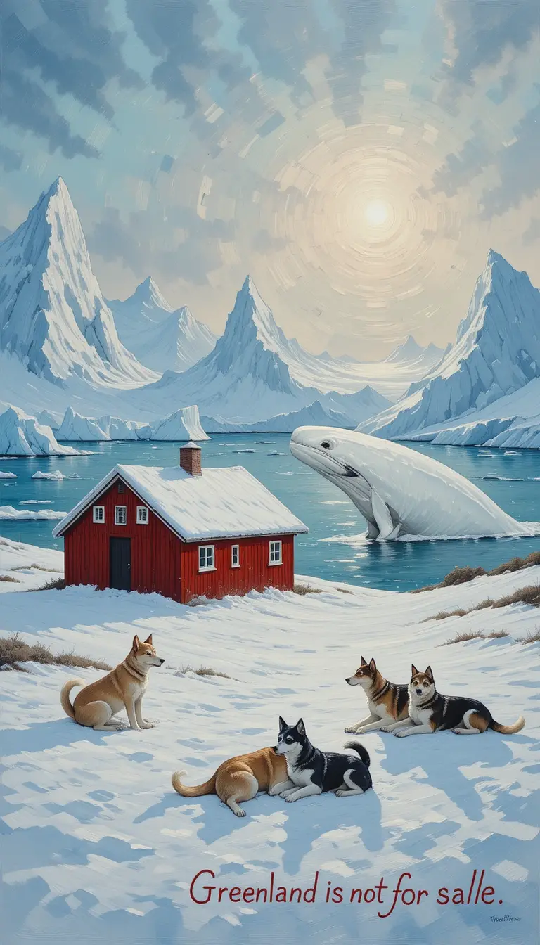 Greenland sled dogs resting by a red arctic house