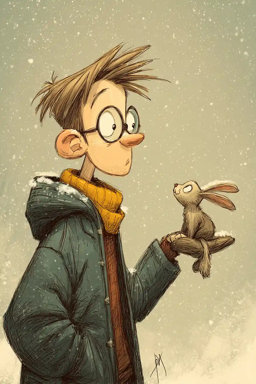 Surprised man holding a dangling rabbit in winter