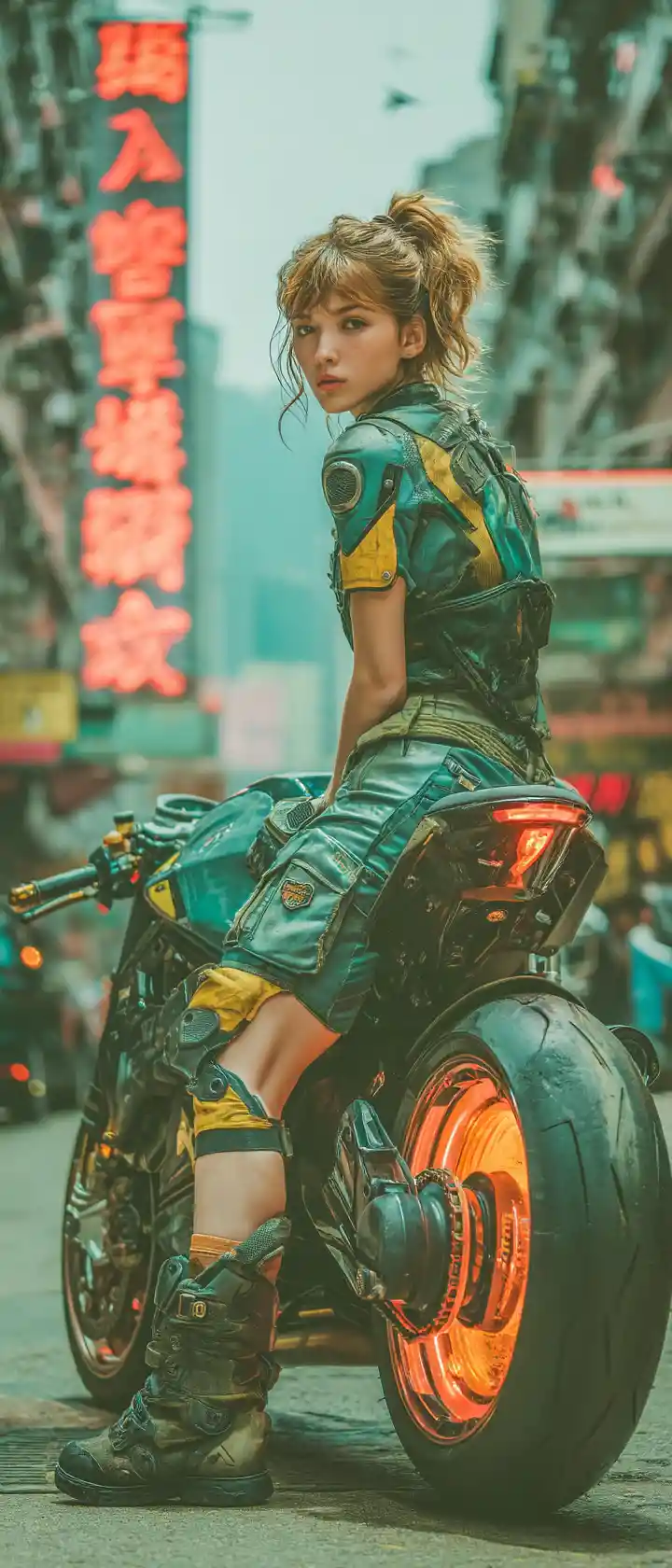 霓虹城市巷弄中的未來感機車少女