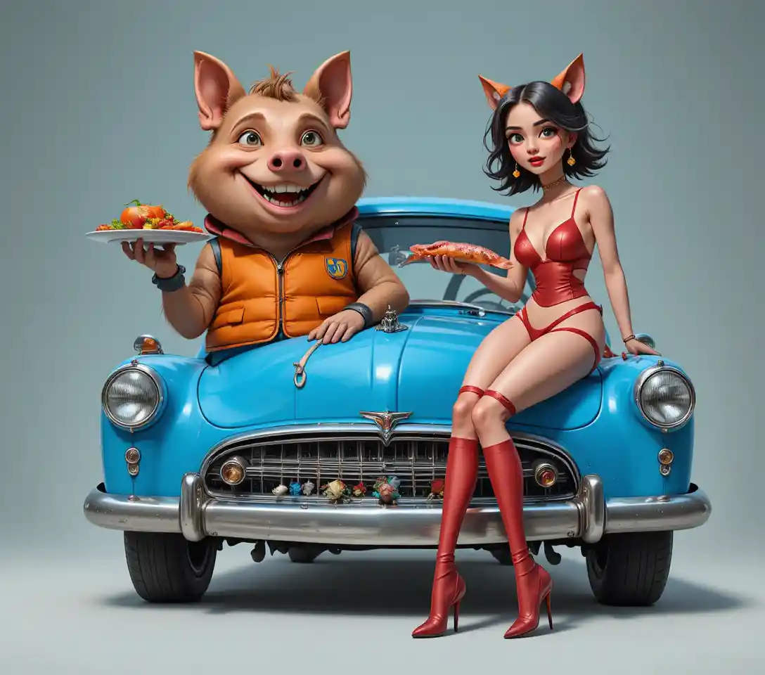 Anthropomorphes Schwein und Mädchen mit Katzenohren mit blauem Oldtimer
