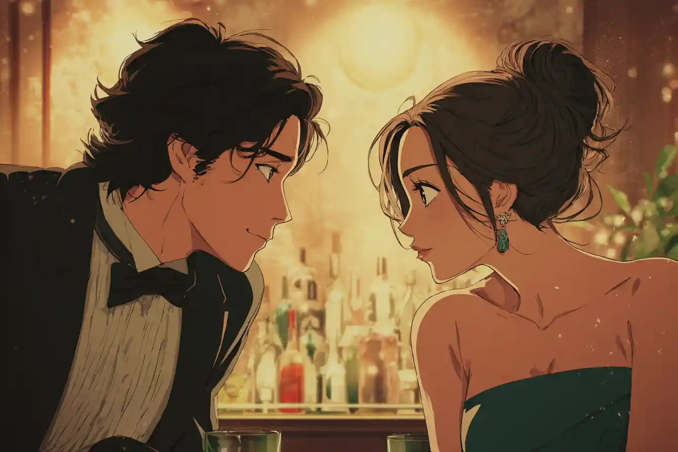 Casal de anime trocando o primeiro olhar em um bar suavemente iluminado