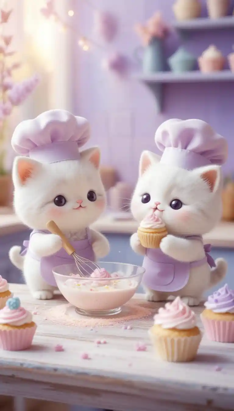 Gatinhos kawaii assando doces em uma cozinha mágica em tons pastéis