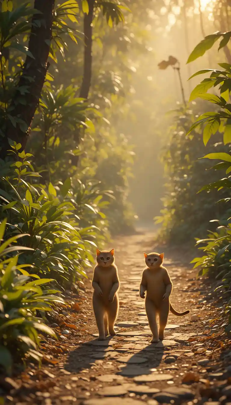 Katze und Affe gehen Seite an Seite in einen sonnenbeschienenen Dschungel