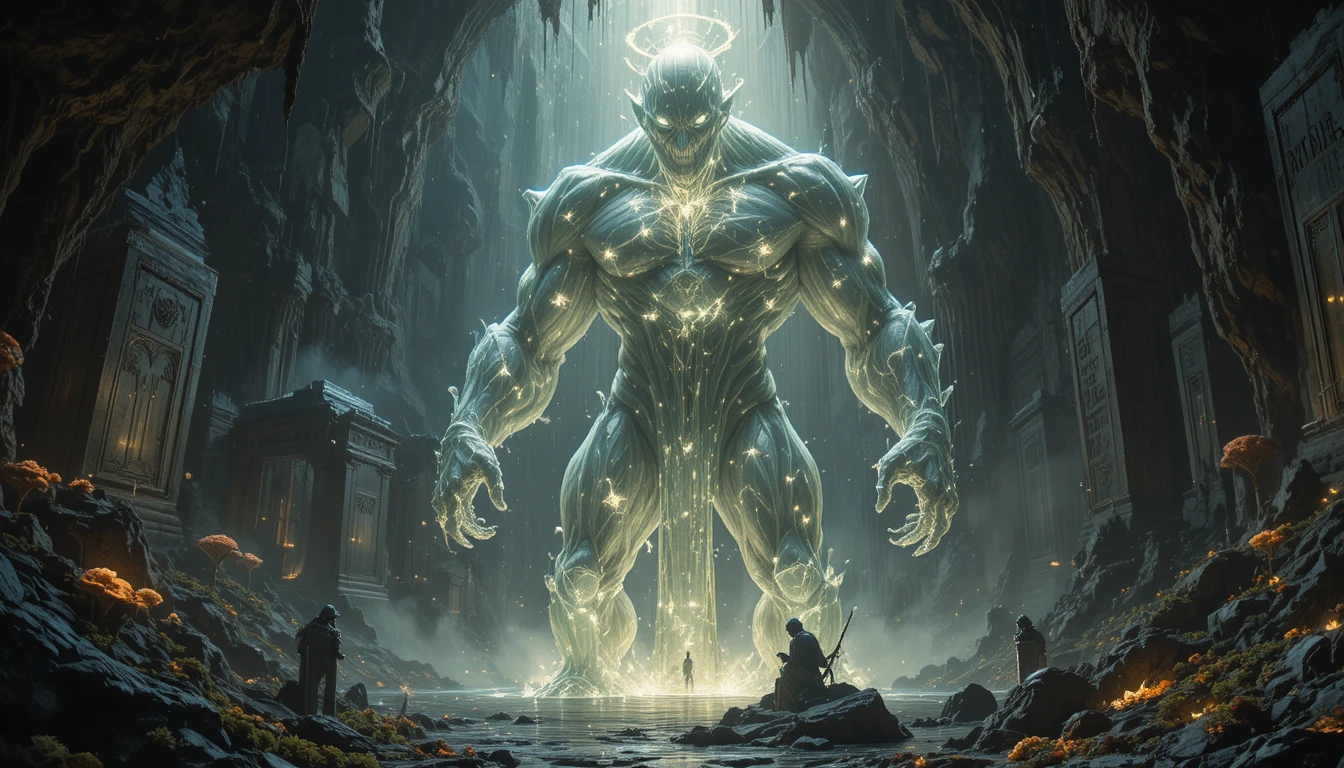 Imenso golem cristalino erguido em uma caverna luminosa