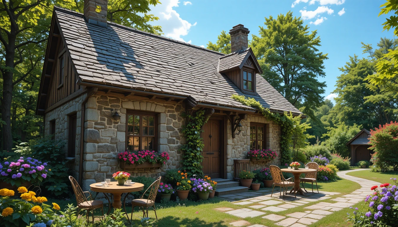 Cozy Stone Cabin With Flowers Under A Bright Blue Sky