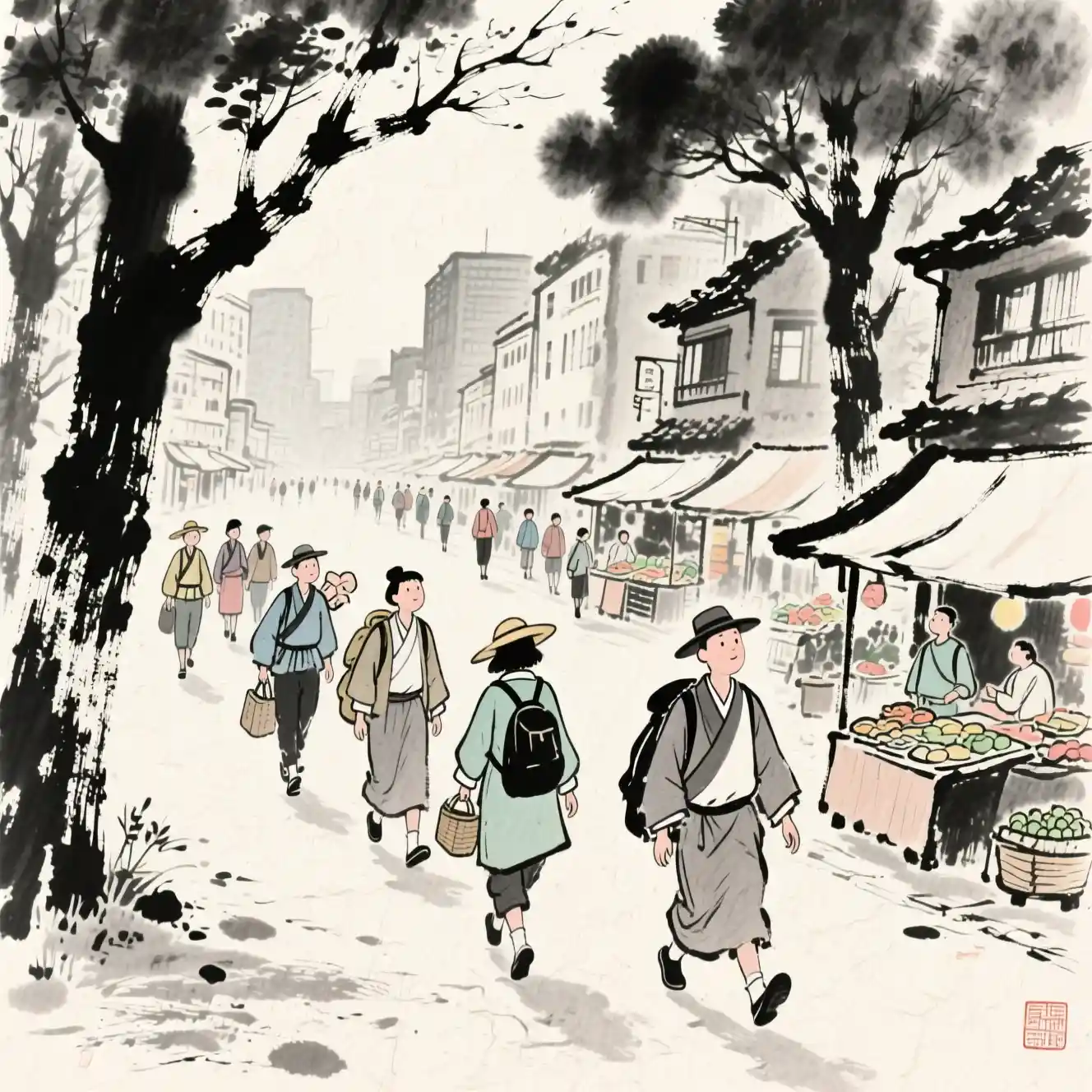 Traditional Japanese Ink Painting Of Serene City Travelers