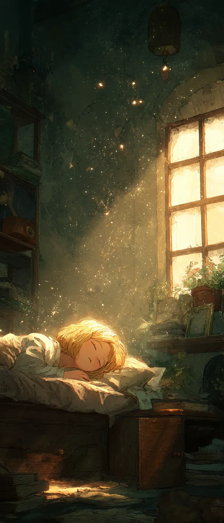 Sleeping girl with mystical creature in gentle sunlight