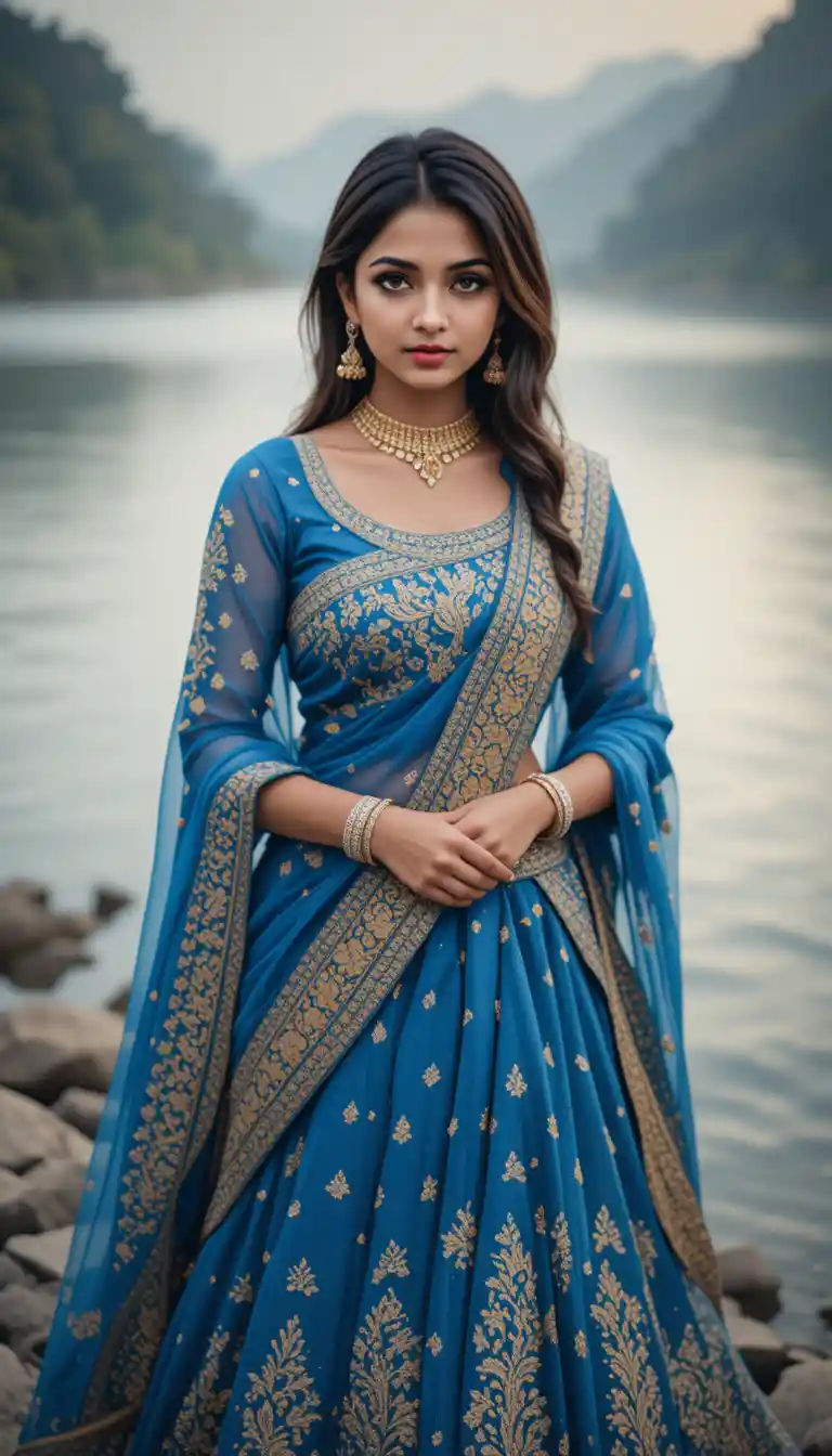 Indische Frau in blauer Lehenga steht an einem ruhigen See