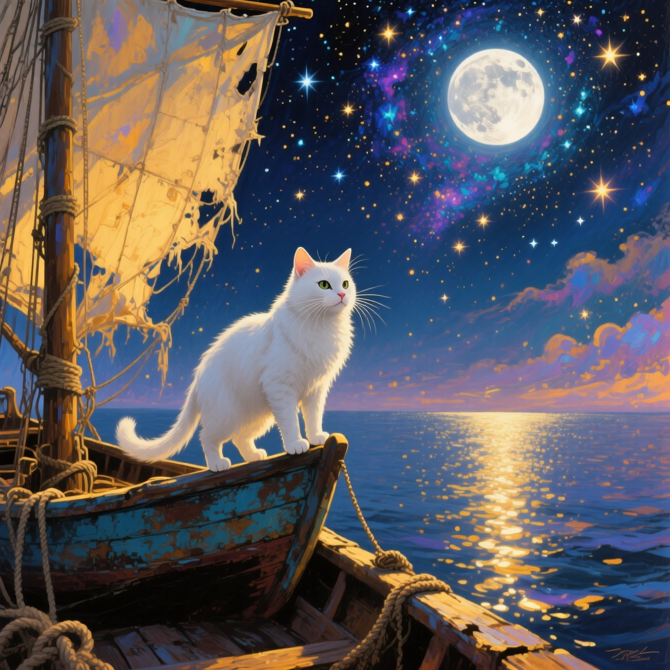 Chat blanc sur un bateau usé sous un ciel étoilé au clair de lune