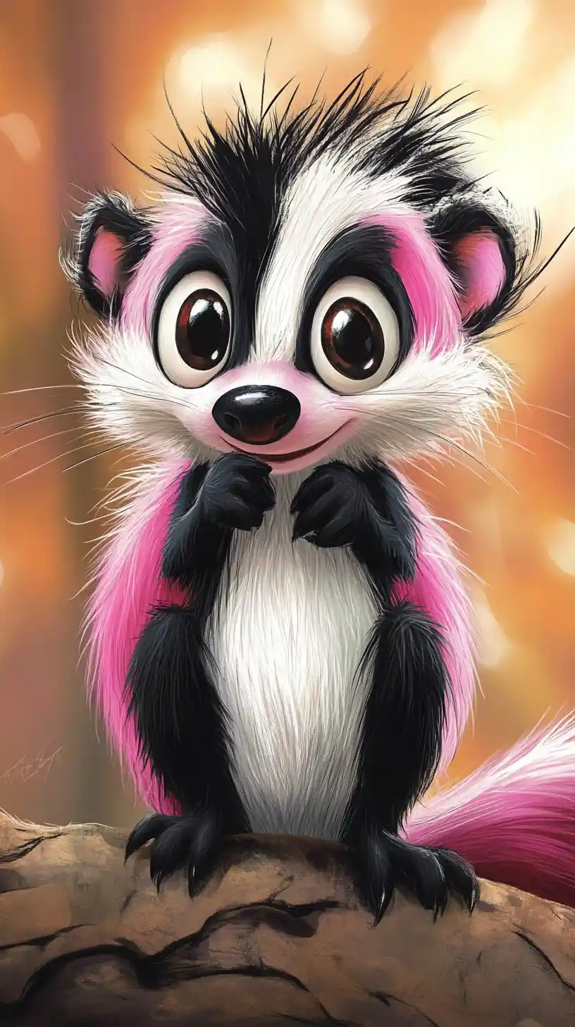 Zorrillo Rosa y Blanco Estilo Caricatura con Grandes Ojos Coquetos