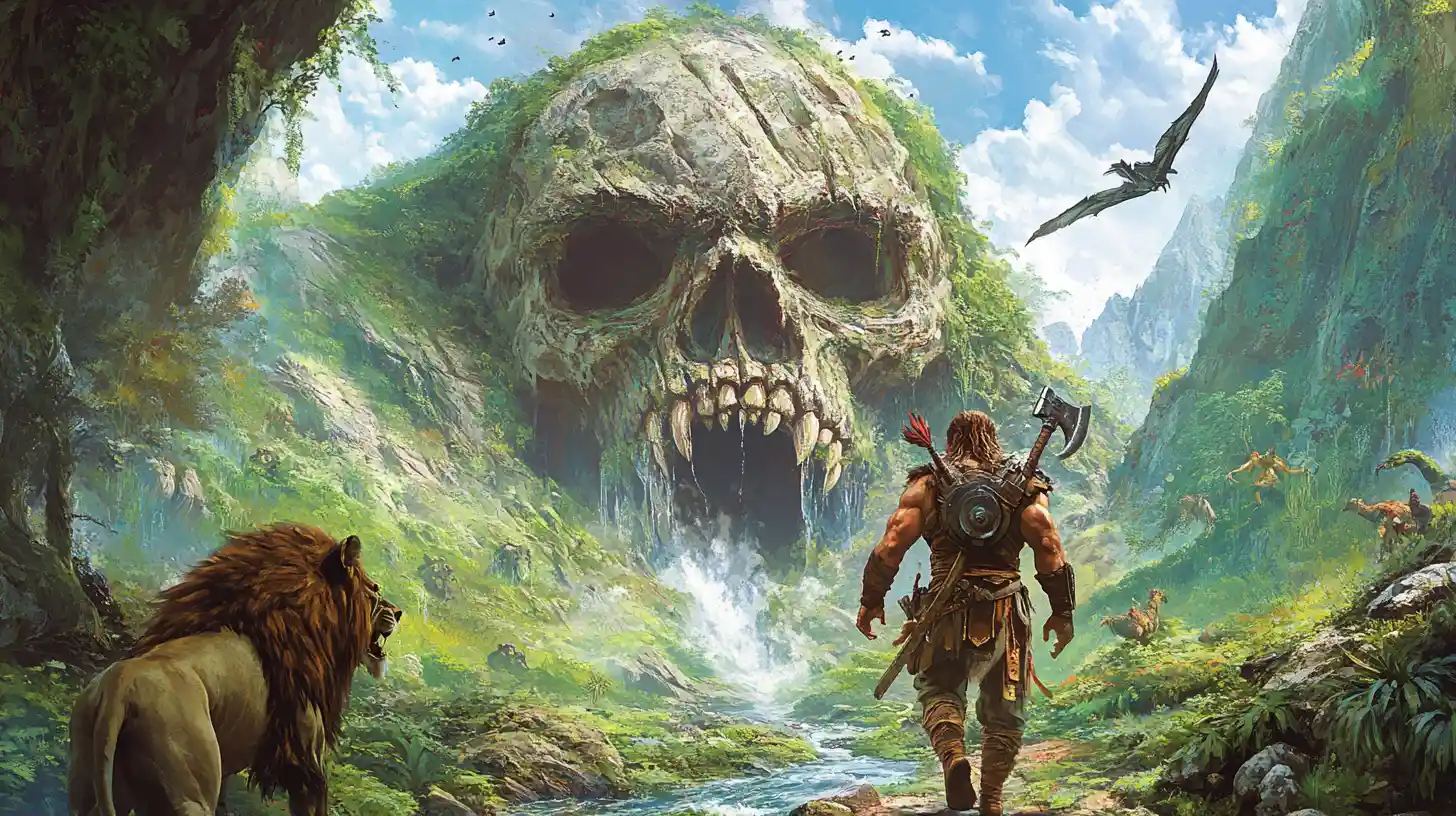 Barbarian and lion companion entering a lush jungle valley