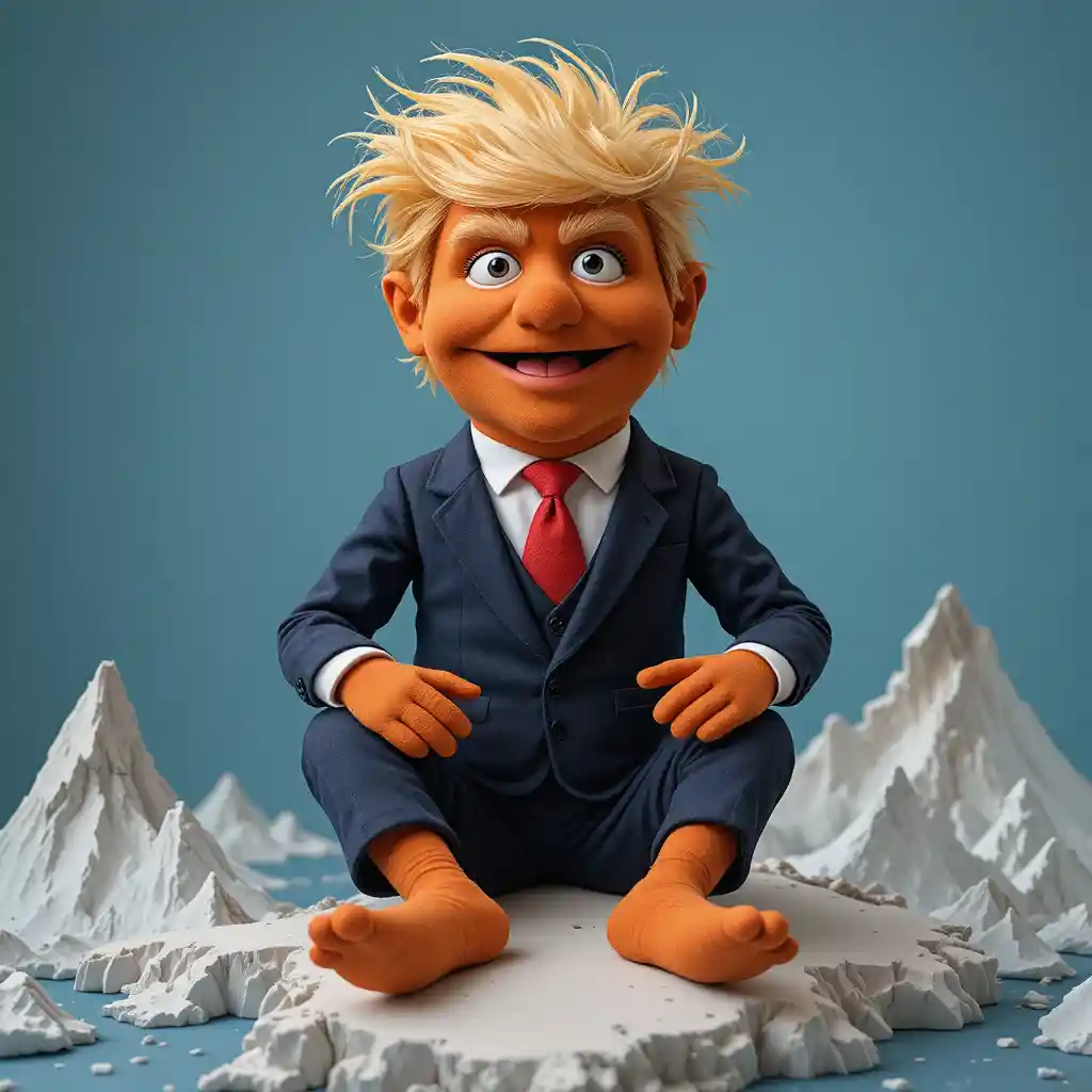 Satirical felt puppet poses on a sculpted Greenland map