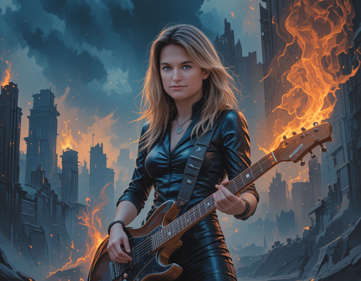 Medusa like guitarist playing flaming electric guitar in ruins