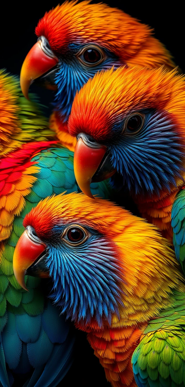 Close de papagaios vibrantes com penas iridescentes detalhadas