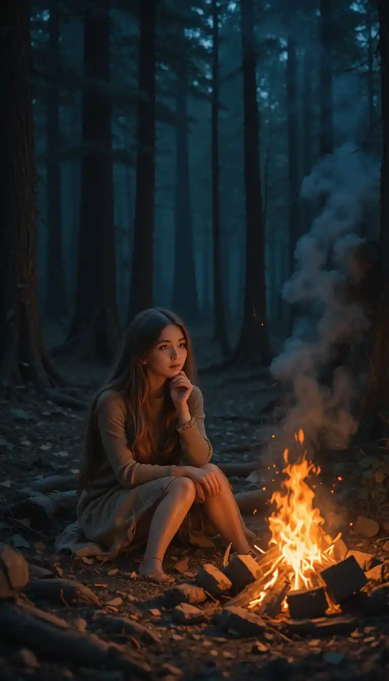 Cute girl with long hair sitting by a night campfire
