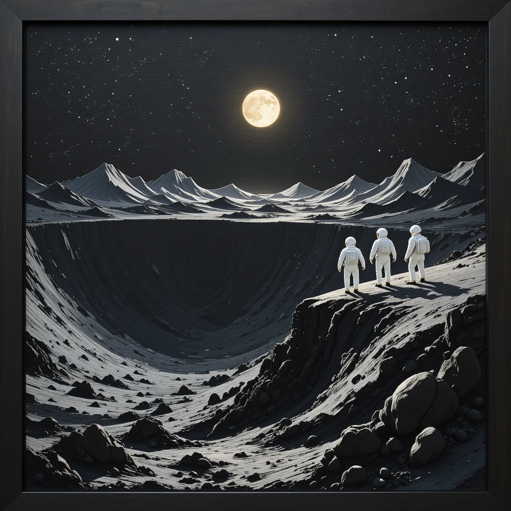 Astronauts Overlook A Woolen Tapestry Lunar Crater Landscape