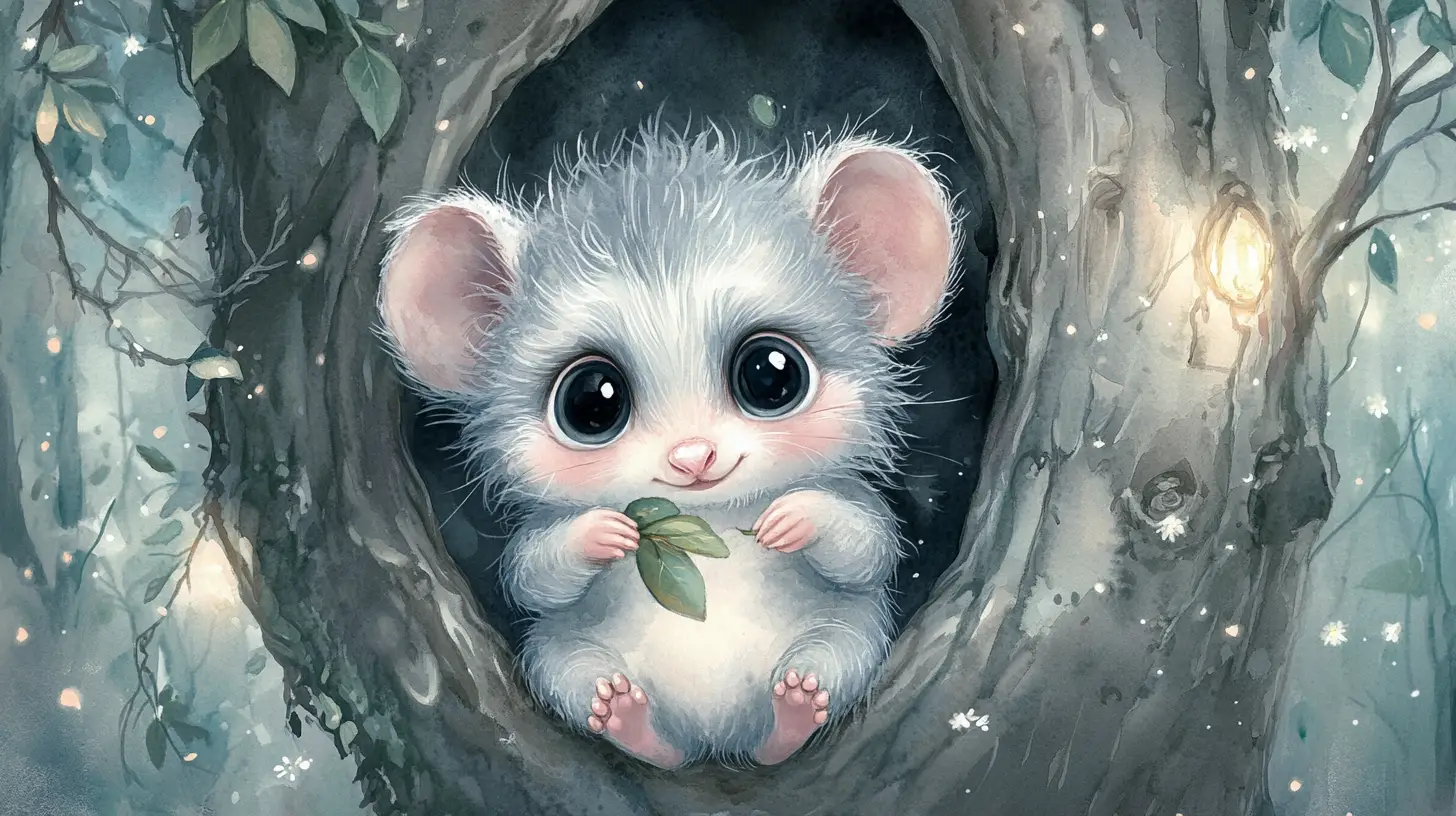 Cute baby opossum in a moonlit watercolor forest hollow