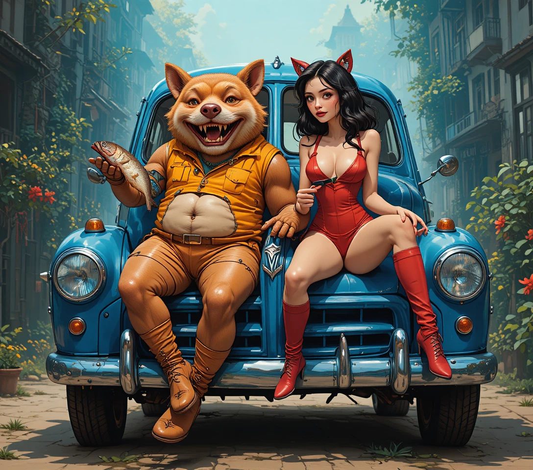 Anthropomorphes Schwein und Katzenmädchen mit vintageblauem Auto