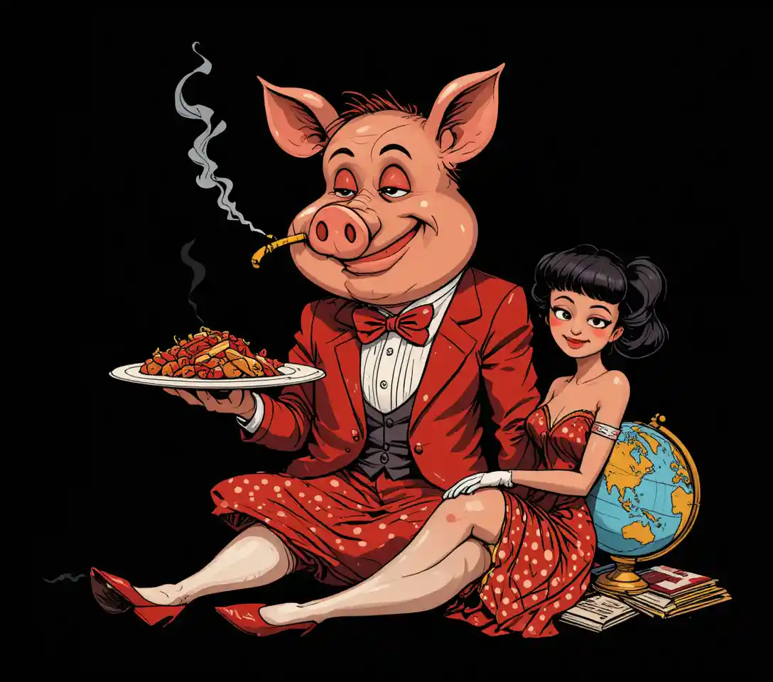 Ilustração digital retrô de um porco de smoking com um prato de comida