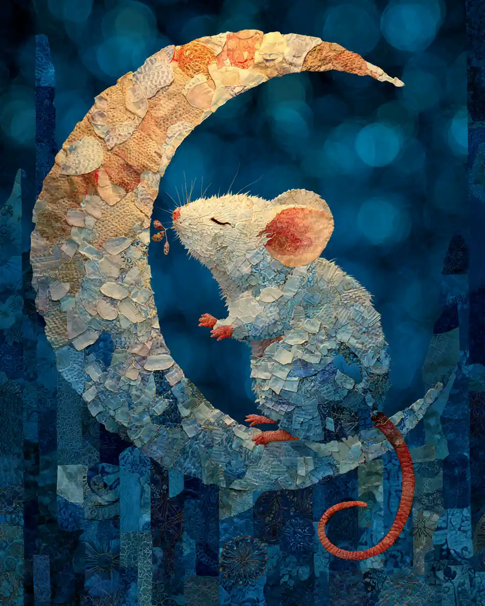 Whimsical Mouse Nibbling A Cheese Moon Fabric Collage