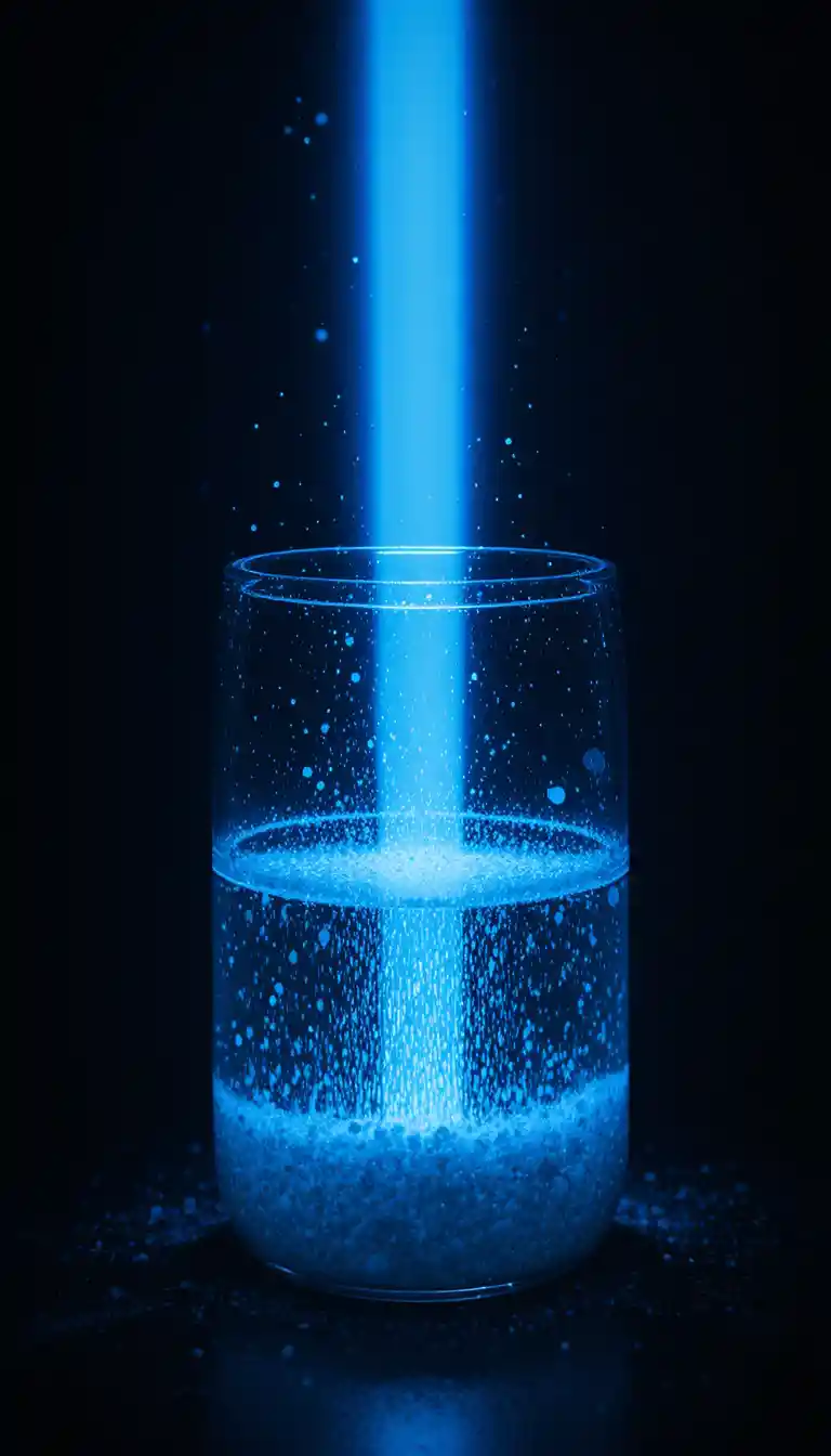 Faisceau de lumière vive révélant l’effet Tyndall dans un récipient en verre