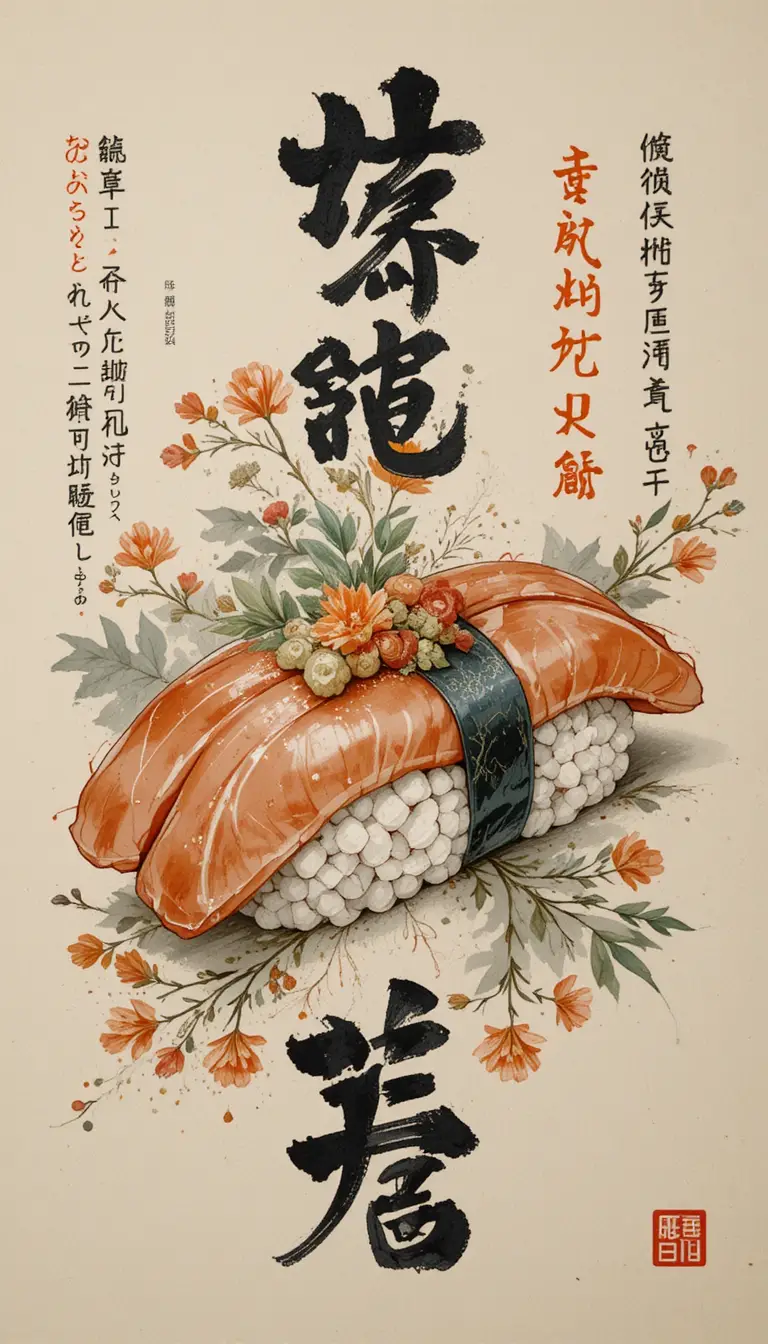 Hand painted sushi illustration with surrounding Japanese text