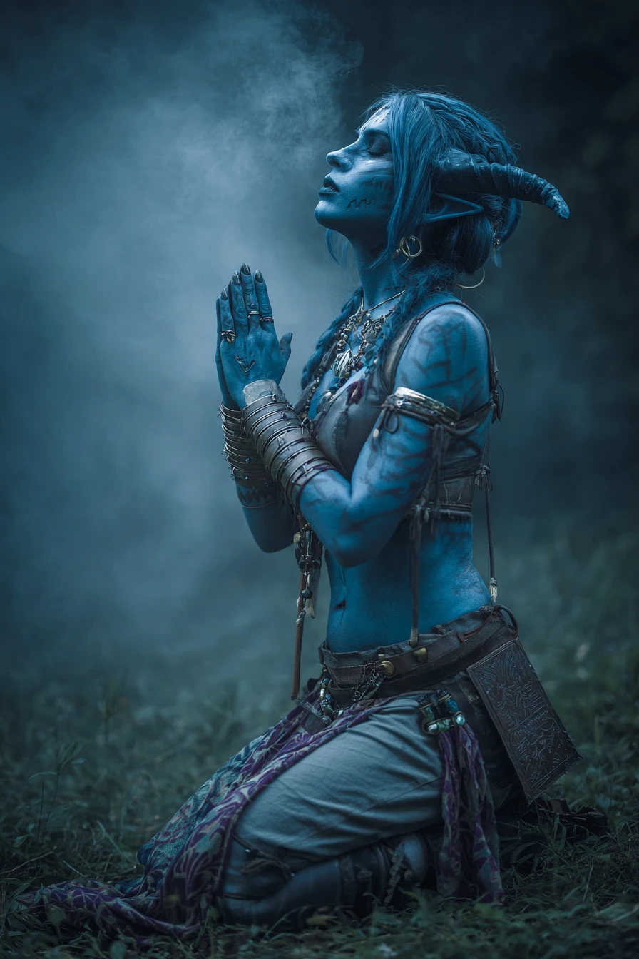 Blue tiefling cleric casting healing magic in foggy field