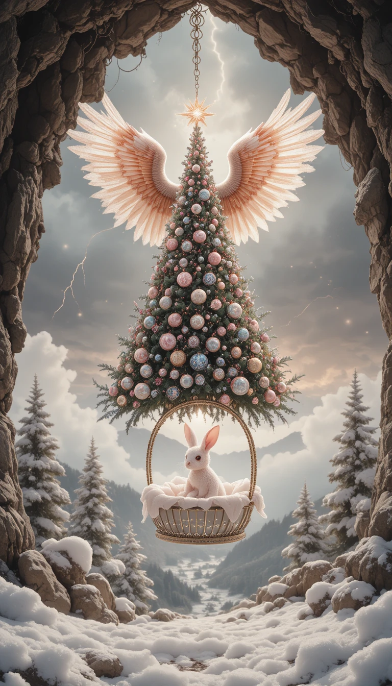 Coelho de cristal surreal perto de árvore de Natal em chamas