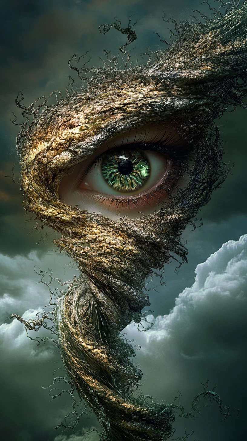 Tornado surreal com olhos penetrantes em um reino distorcido