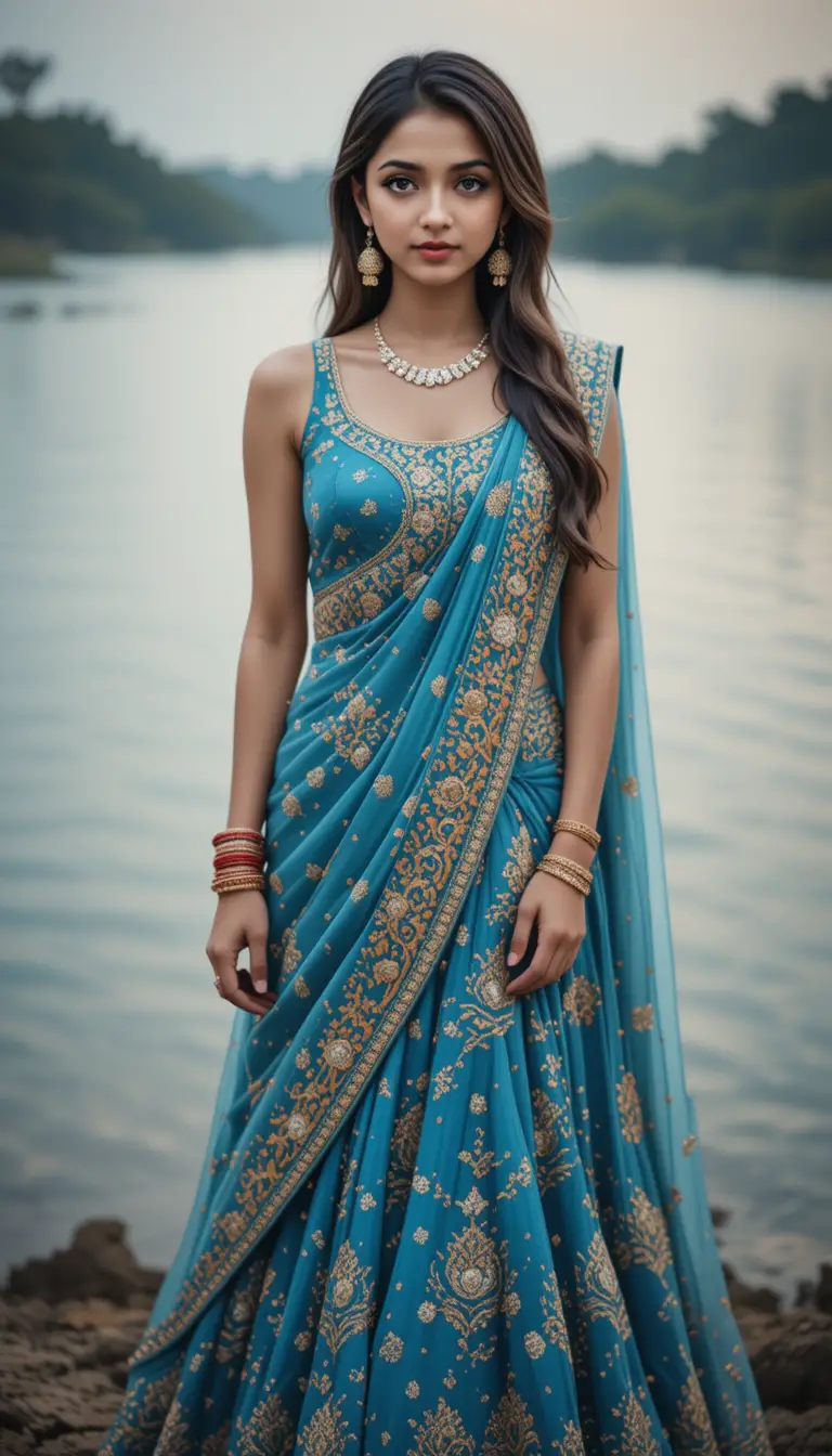 Femme indienne en lehenga bleu au bord d’un lac calme