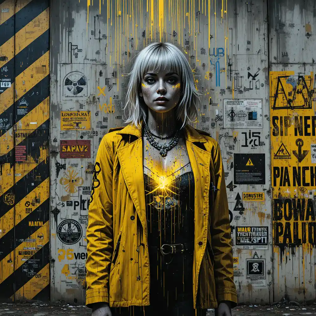 Mulher de street art encharcada em neon diante de muro de segurança nuclear