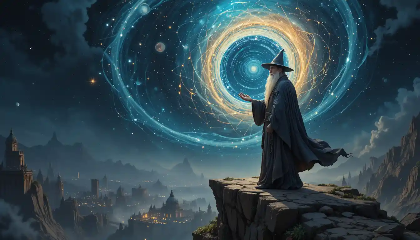 Mago antigo invocando um portal cósmico brilhante