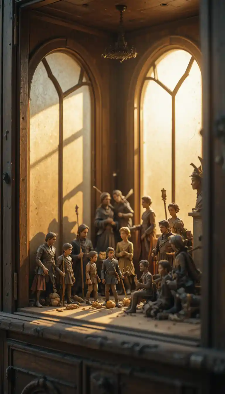 Miniaturskulpturen, die in einem sonnenbeschienenen Holzschrank leuchten