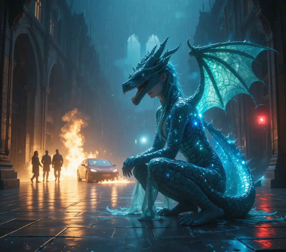 Dragon costumed girl crouching in a dark stone hall