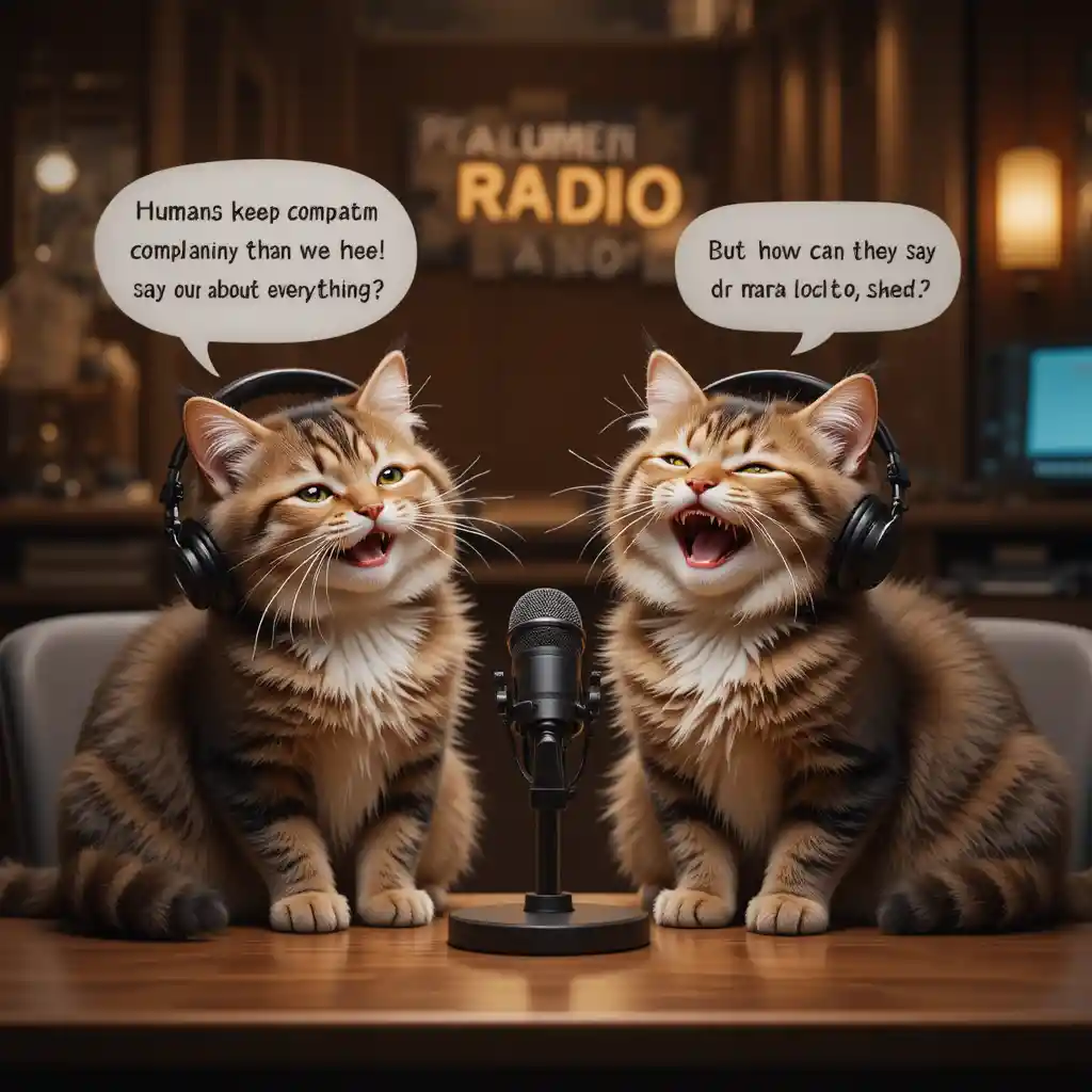 Dois gatos apresentando um aconchegante programa de rádio pet noturno