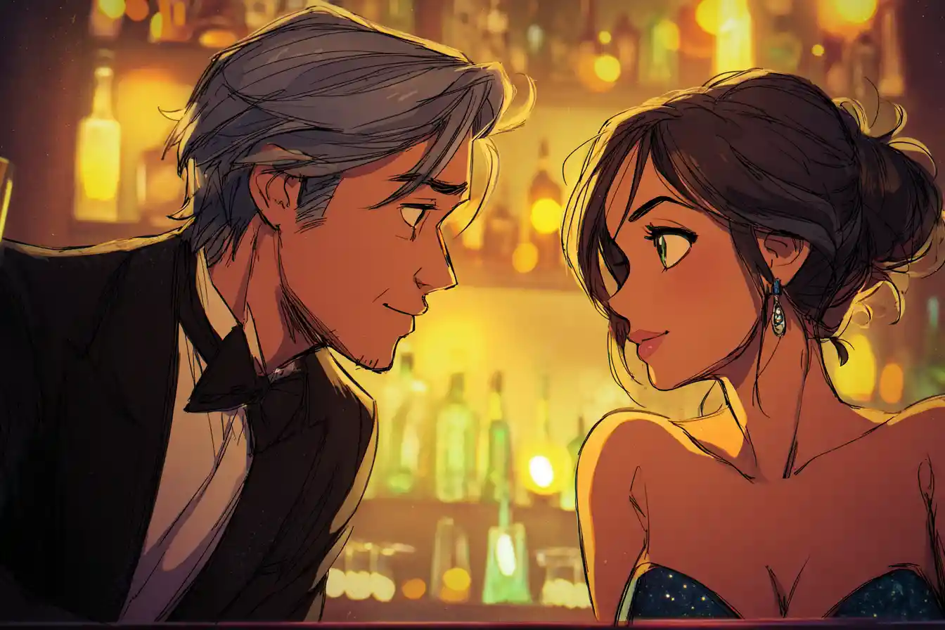 Anime couple sharing a first gaze across a softly lit bar