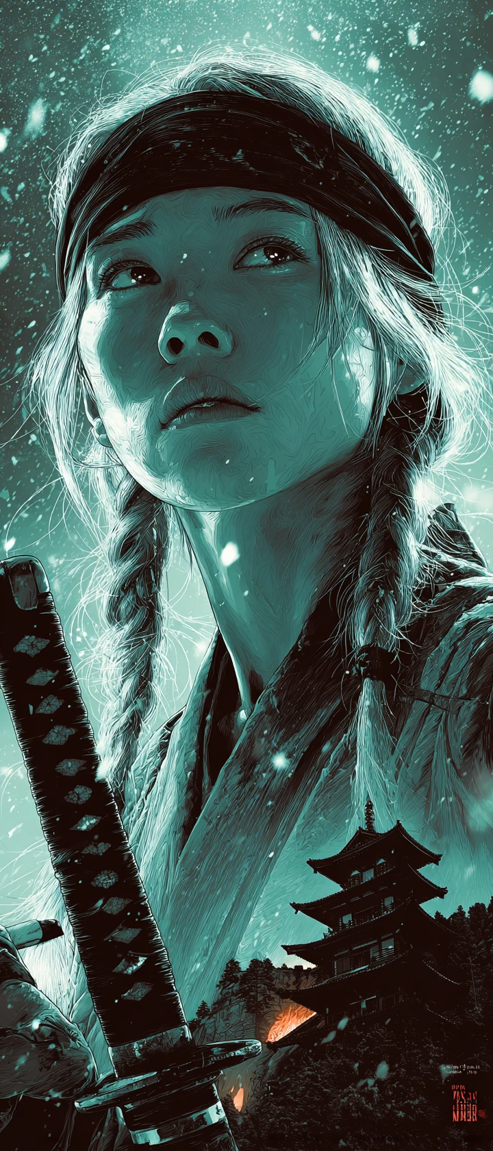 Stoic blonde warrior woman with katana in falling snow