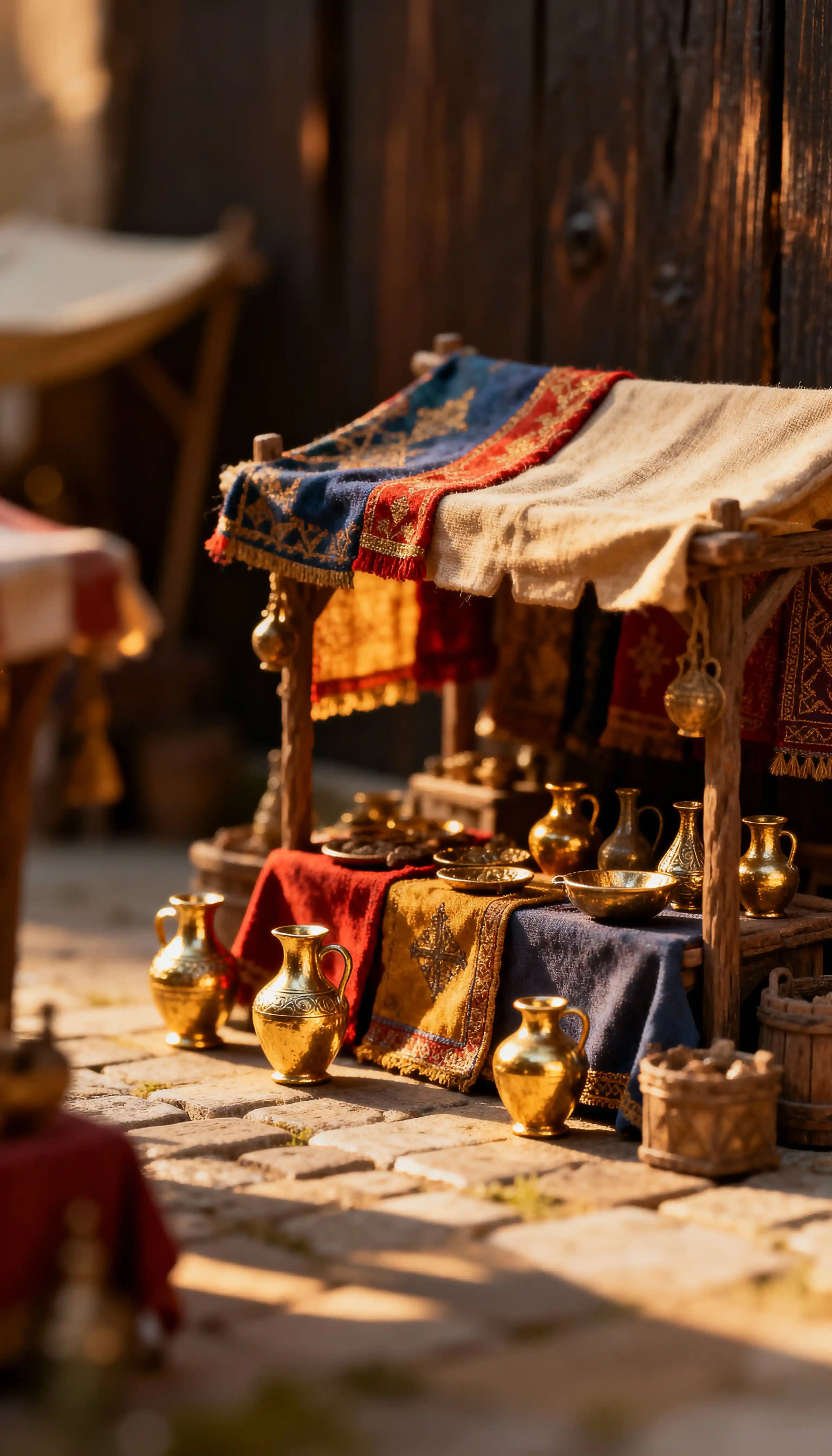 Close up of medieval market miniatures in warm light